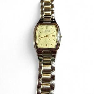 Caravelle Bulova Analog Quartz Watch Two Tone Gold Silver Rectangle Face Date